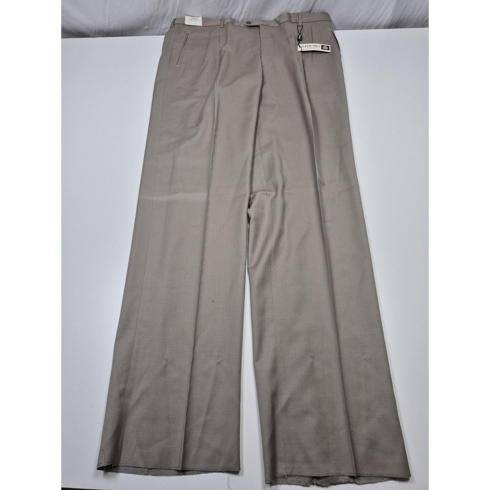 Manzini Dress Pants Mens 44x37 Beige Wool Pleated Straight Super 100s Italy NWT